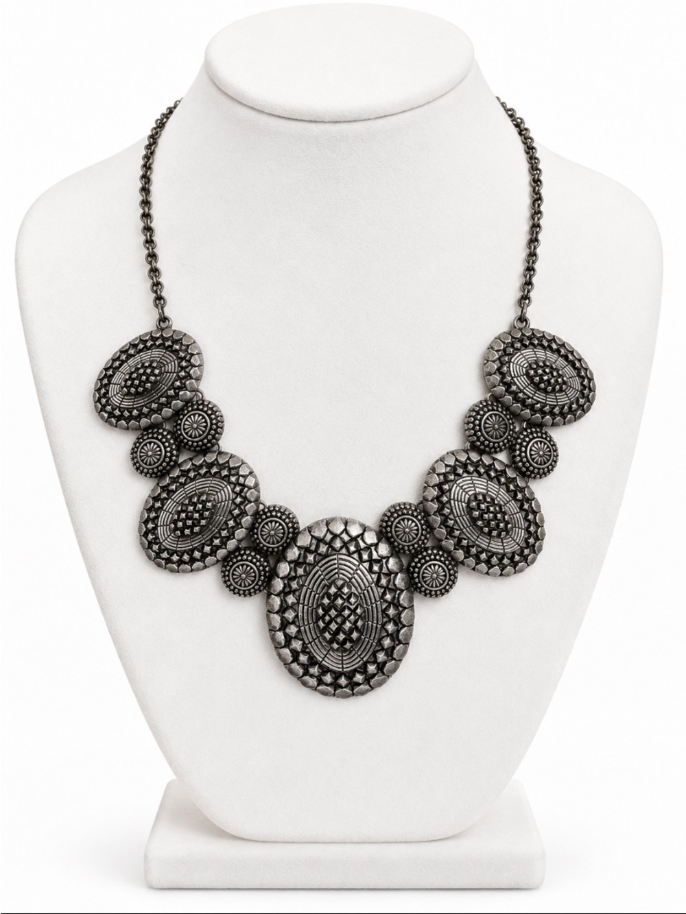 Antiqued Silver Tone Oval Medallion Boho Statement Bib Necklace